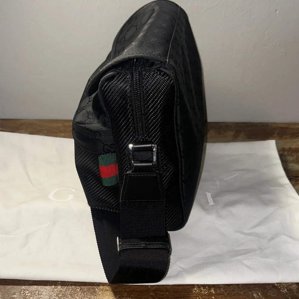 Gucci Black GG Monogram Messenger Bag with Adjustable Strap